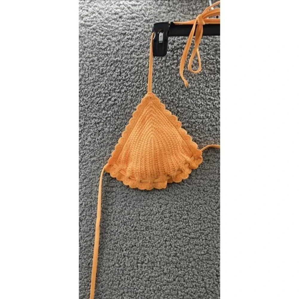 Salt + Cove Crochet Halter Triangle Bikini Juniors' XL Orange V-Neck Tie Closure